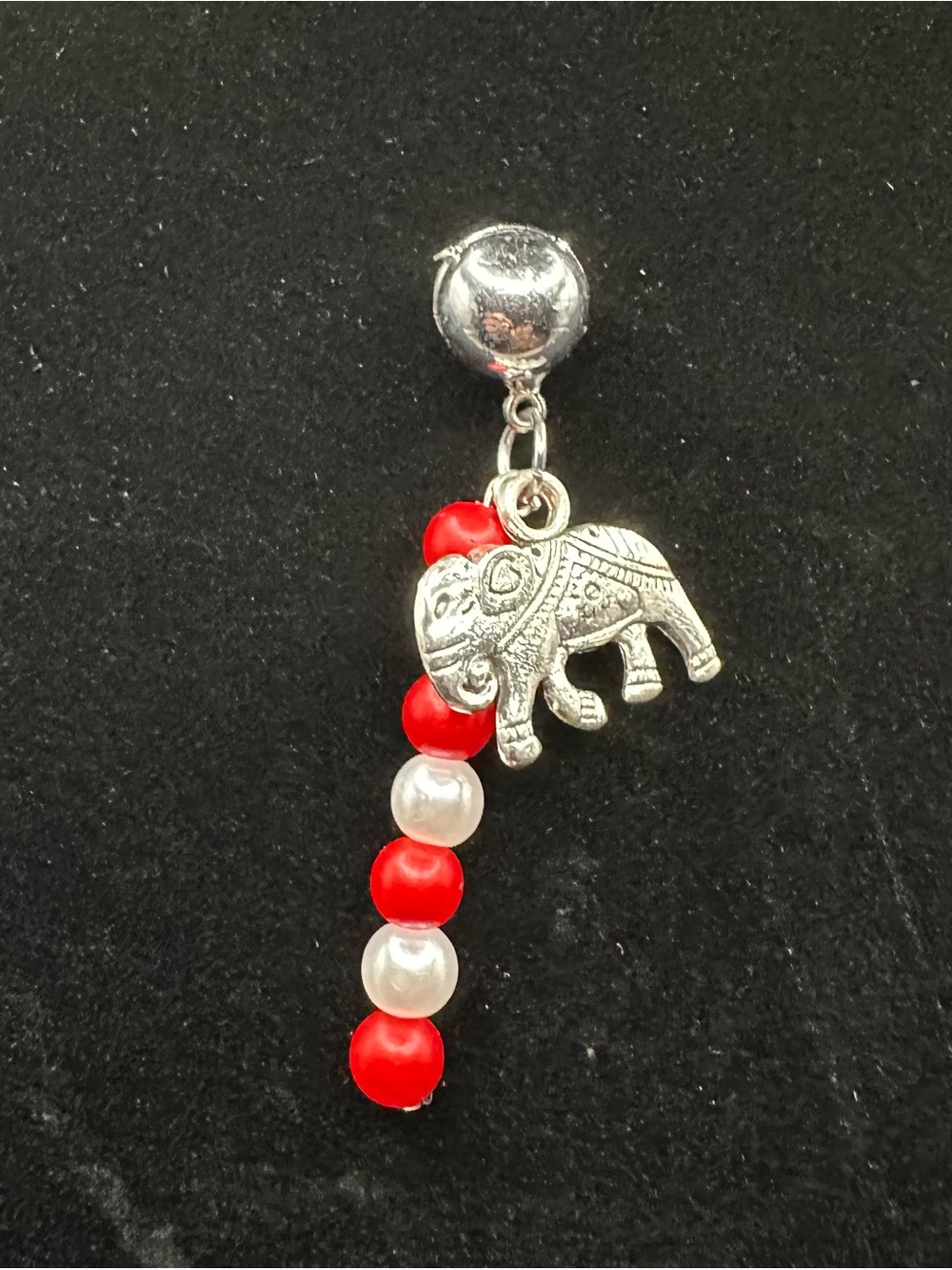 Zipper Pull Silver Elephant Charm Pendant with Red and Pearl Beads